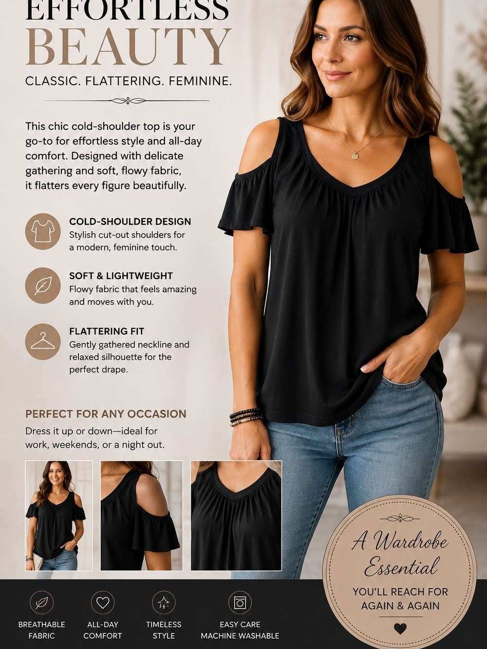 Effortless Beauty Cold-Shoulder Top - Black